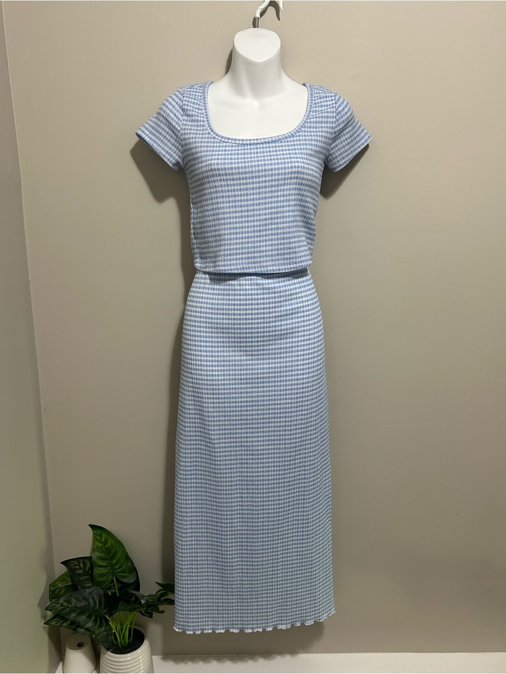 Blue/White Gingham Skirt Set Top S Skirt M